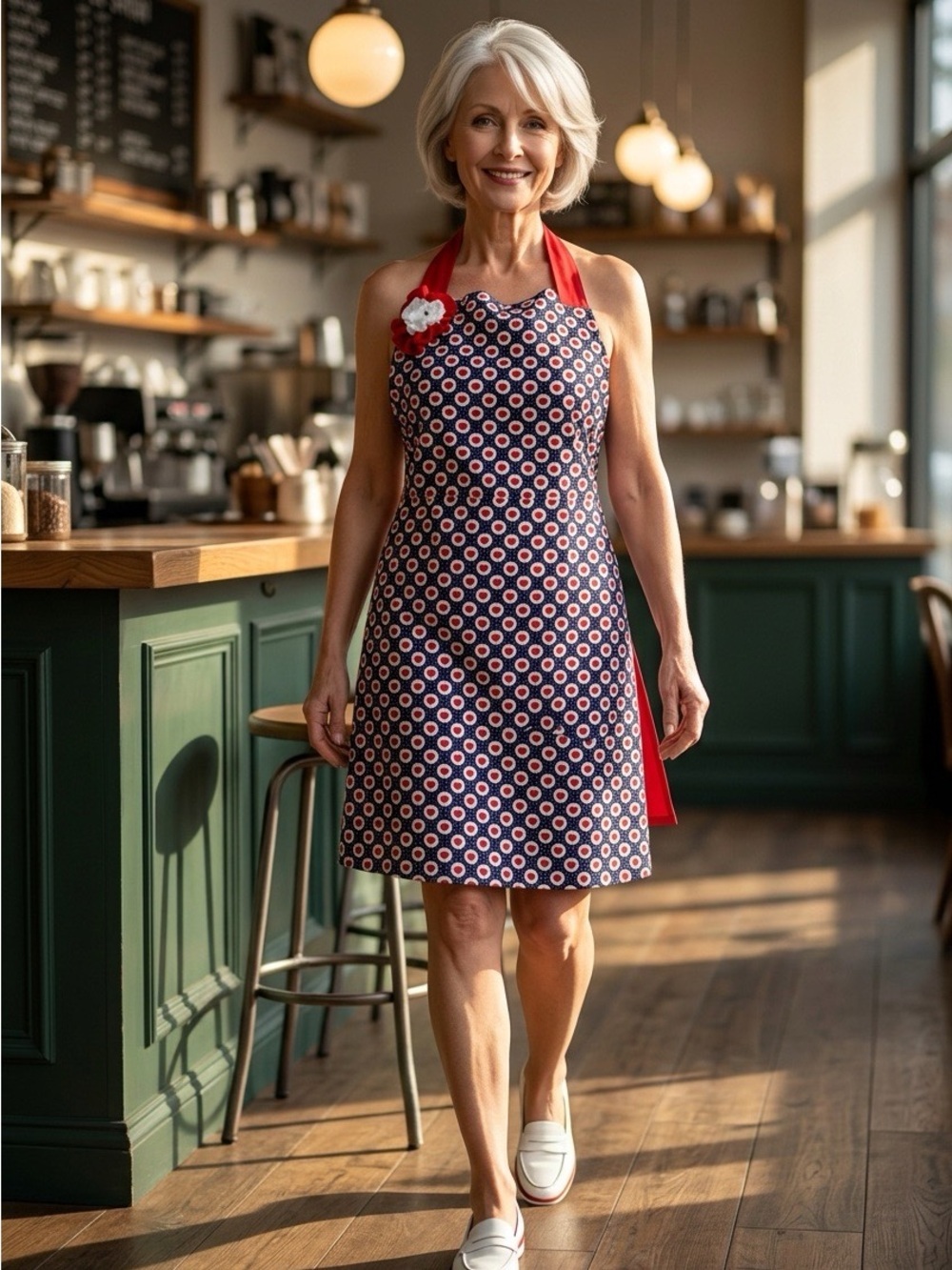 2003 - Navy Red Heart Halter Apron with Floral Accent